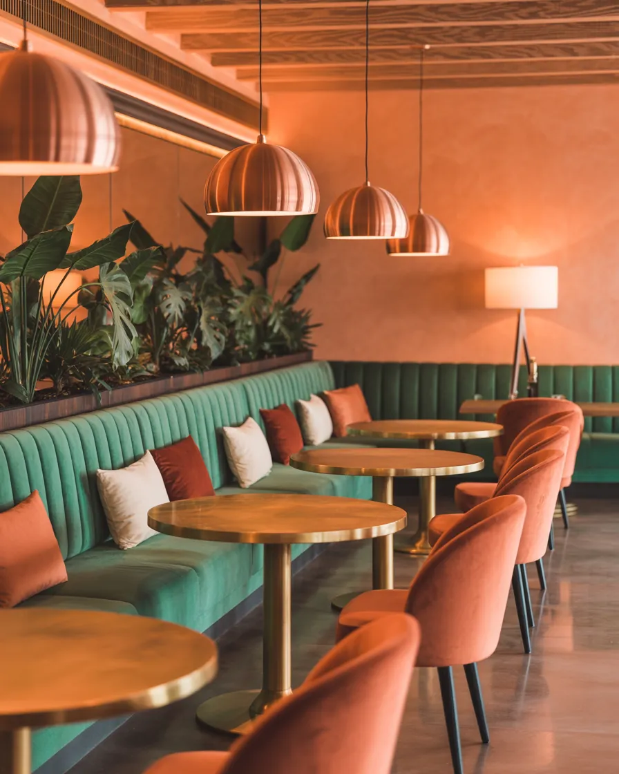 Terracotta café interior with orange velvet chairs and copper lamps