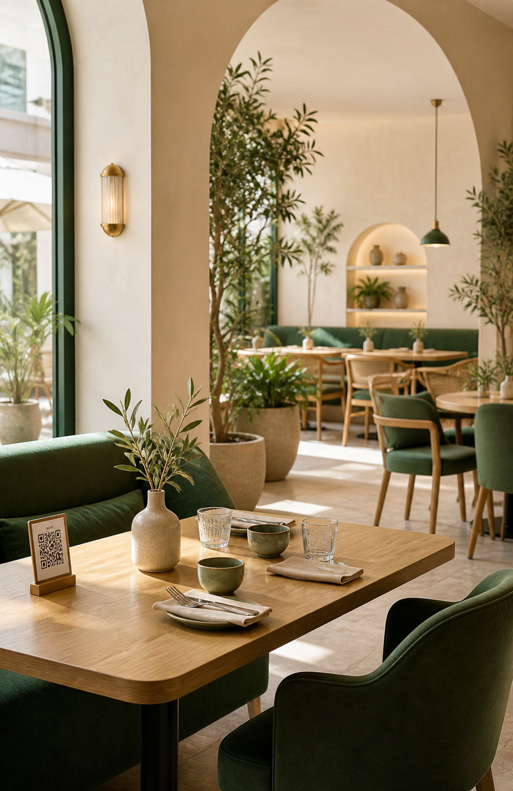 Bright modern café interior with green seating